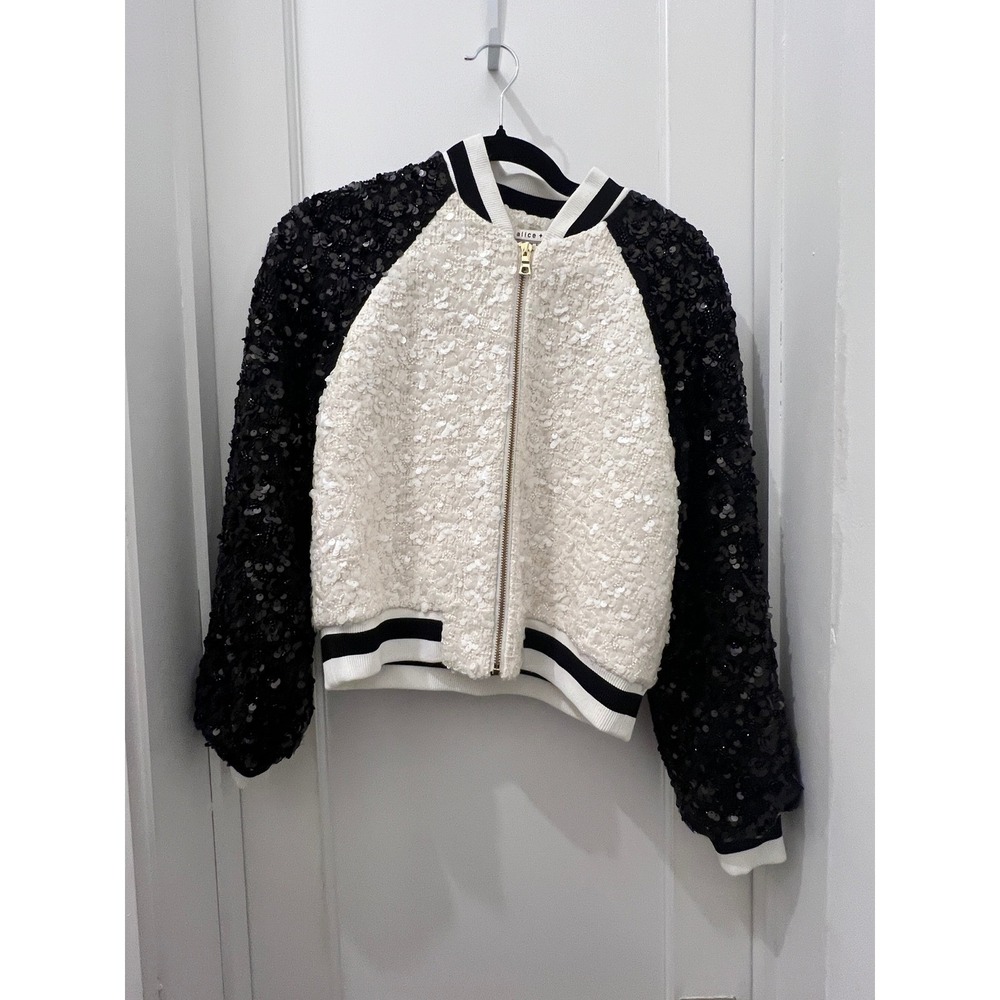 Alice + Olivia Sequin Bomber Jacket Black White Colorblock Full Zip Striped Trim